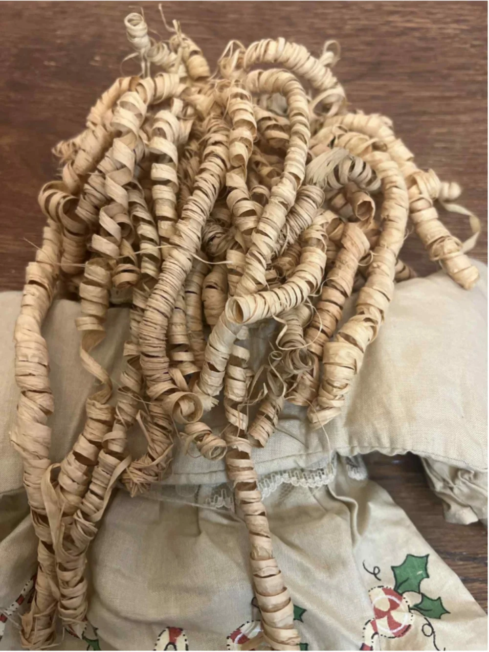 Vintage Christmas Angel Rag Doll Straw Hair Curls Muslin Body Lace Dress Candy